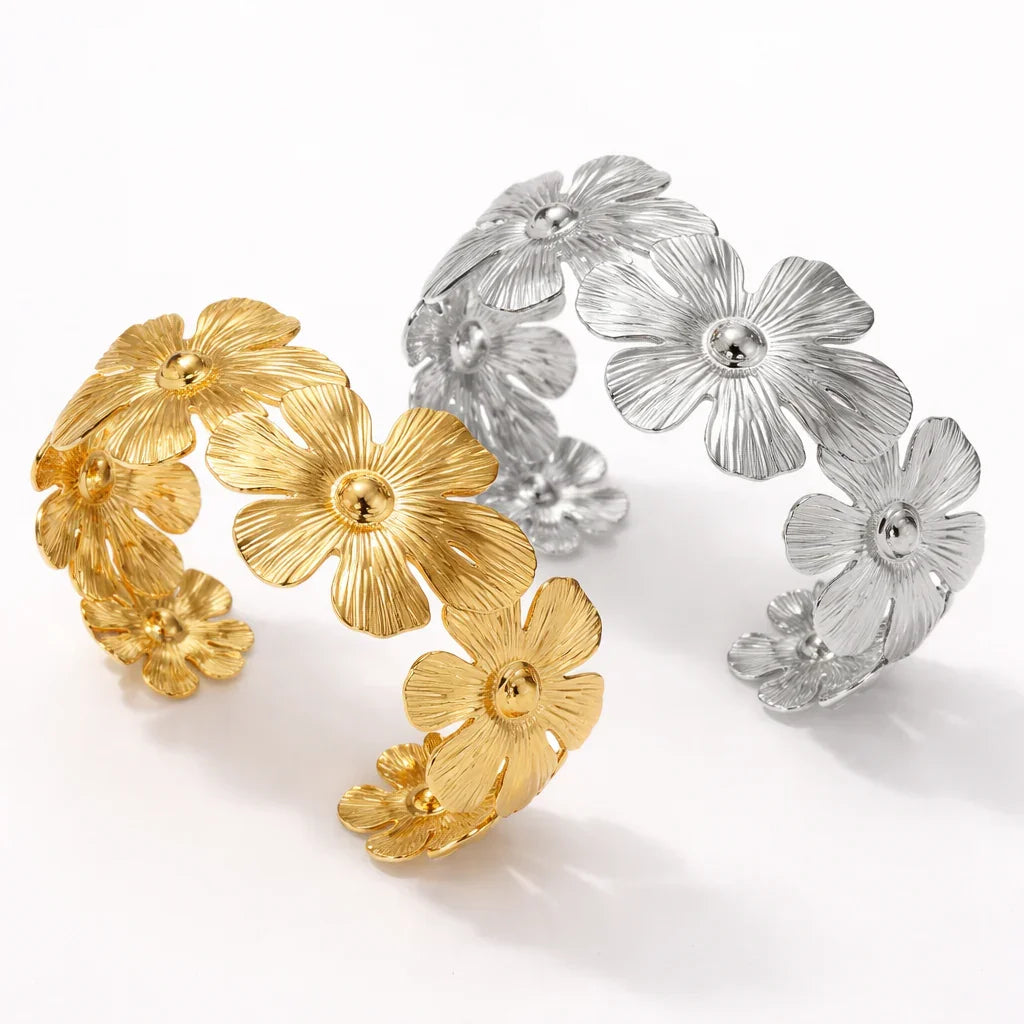 Bracelets ouverts fleur en acier inoxydable doré et argenté, style bohème pour femme