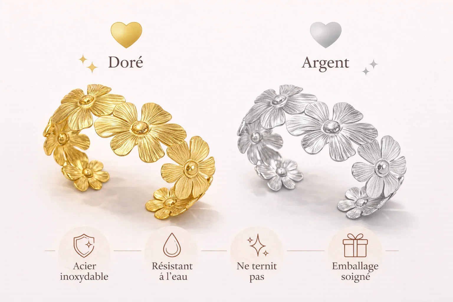 Bracelets bohème ouverts en acier inoxydable doré et argenté motif fleurs, résistants à l’eau.