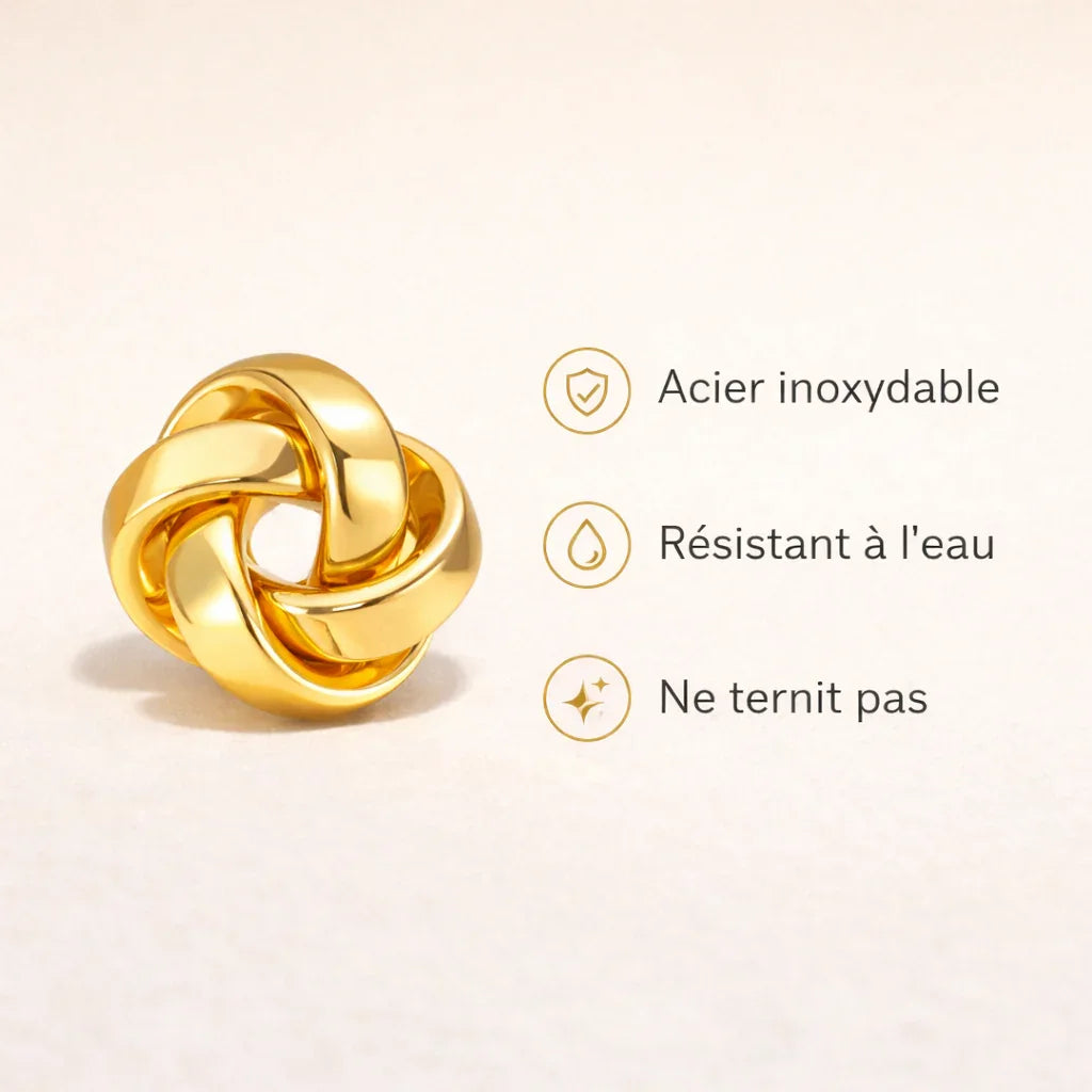 détail boucles d'oreilles tressées dorées acier inoxydable résistantes à l'eau