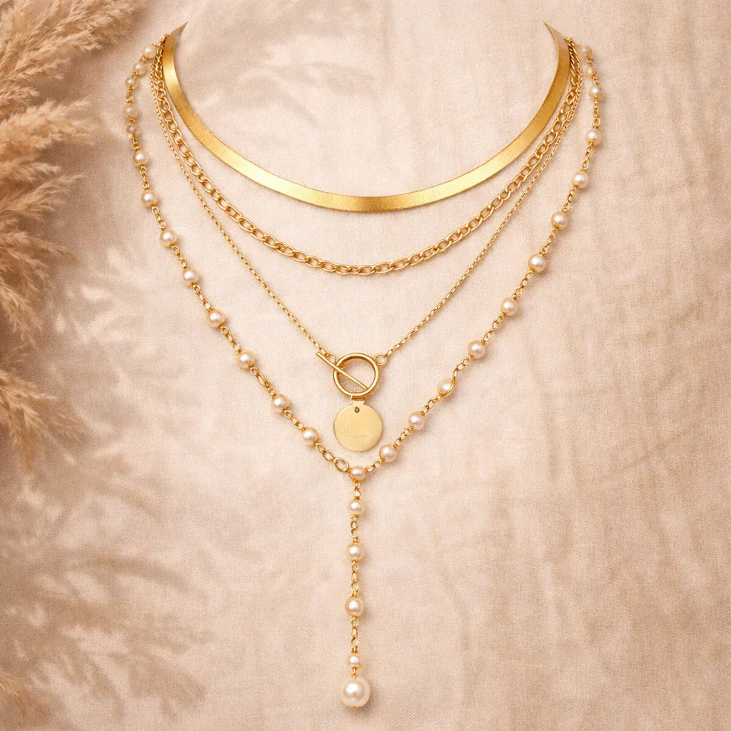 Collier bohème multi-rangs doré en acier inoxydable avec perles pour femme